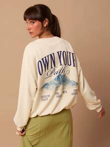 SURIMA 休闲简约印花图案连帽长袖宽松女式卫衣 - 米色 - 查看 1