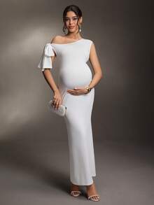 Cheriluna Maternity Pregnant Women's Asymmetric Shoulder Tie Ruffle Slit Elegant Maternity Dress, Pure White - White - View 6