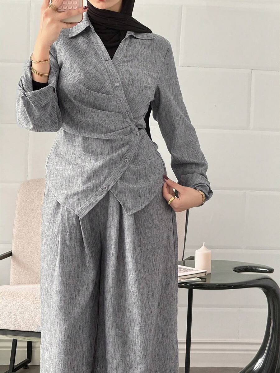 DAZY Bộ 2 món áo nữ cổ bẻ buộc eo và quần ống rộng có dây rút - Cà phê nâu - Xem 1