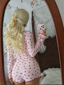 SHEIN Women's Long Sleeve Romantic Pink Floral Rose Pattern Jacquard Knit Jumpsuit Pajamas - Pink - View 2