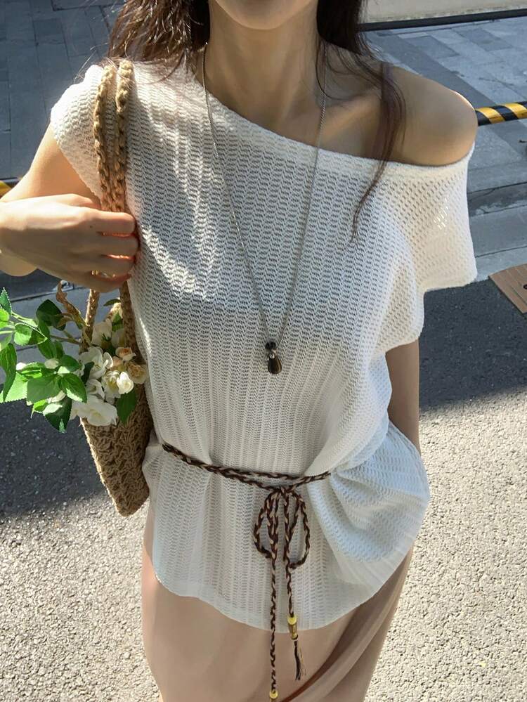 Women's Asymmetric Collar White Short Sleeve Top And Slant Pocket Skirt Casual 2 Pieces Set