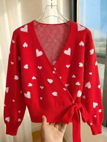 Franclia Romantic Valentine's Day Themed Red Pullover Cardigan With Heart-Shaped Jacquard Design, Versatile And Stylish Party Outfit. Features Include A Long-Sleeved Round Neck, Elegant And Fitted Evening Wear, Elegant Sweater, Elegant Dress, Wedding Guest Dress, Wedding Party Dress, Valentine's Day Cardigan Sweater, Valentine's Day Clothing, And Elegant Party/Birthday Top. - Red - View 2