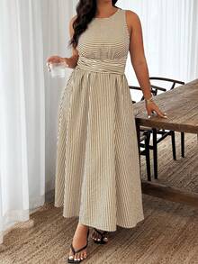 Weeklong Plus Size Striped Print Twist Front Sleeveless Elegant Dress - Multicolor - View 3