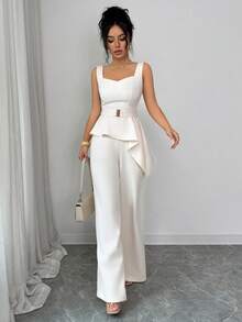 Elenzga Femmes Débardeur couleur unie à large bretelle, col carré décolleté en cœur, taille cintrée avec ceinture en canevas à boucle métallique réglable, ourlet asymétrique abricot + Pantalon droit taille haute élastique ample abricot, Ensemble 2 pièces, Élégant, Vintage, Romantique français, Minimaliste, Formel, Bureau, Décontracté, Plage, Vacances, Style de rue, Thé de l'après-midi, Confortable, Chic, Printemps/Été, Nouveau - Nude - Voir 4