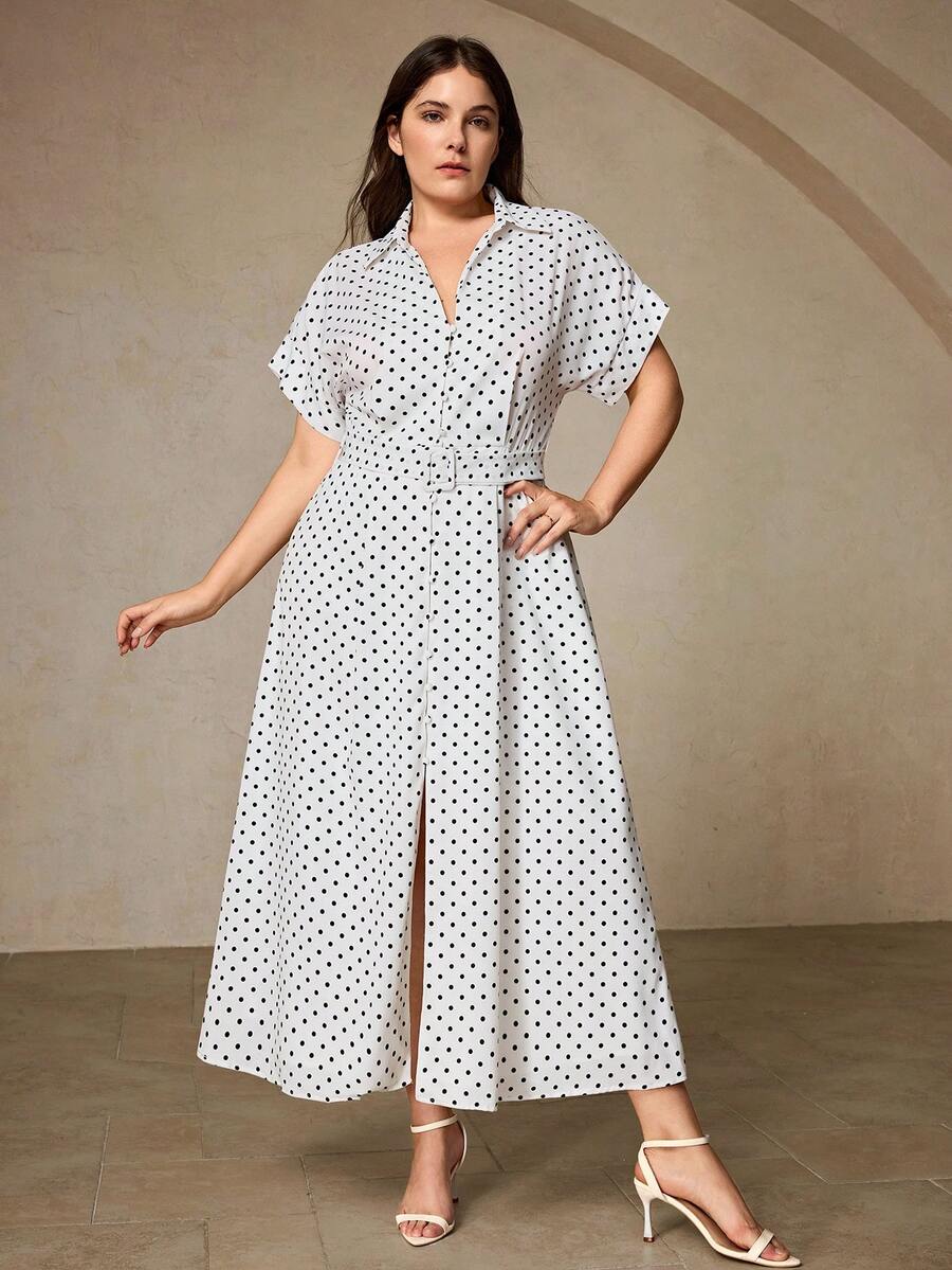 Aveloria Rosie Vestido longo elegante com estampa retrô francesa de bolinhas, decote em V, botões na cintura, bolsos grandes, manga curta, tamanhos grandes. - Branco - Ver 1