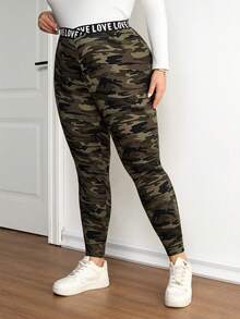 SHEIN CURVE+ 大码女式迷彩印花紧身裤，腰部饰有字母和春季花卉印花图案 - 彩色 - 查看 8
