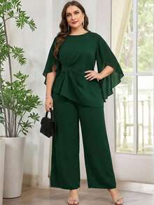 Reflora Bộ trang phục thường ngày dành cho nữ cỡ lớn, màu trơn, cổ tròn, tay bồng, dáng xòe, kết hợp với quần ống rộng. - màu xanh lá - Xem 9