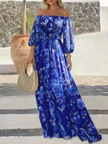 EMERY ROSE 女士露肩印花连衣裙，休闲优雅沙滩度假连衣裙 - 彩色 - 查看 4