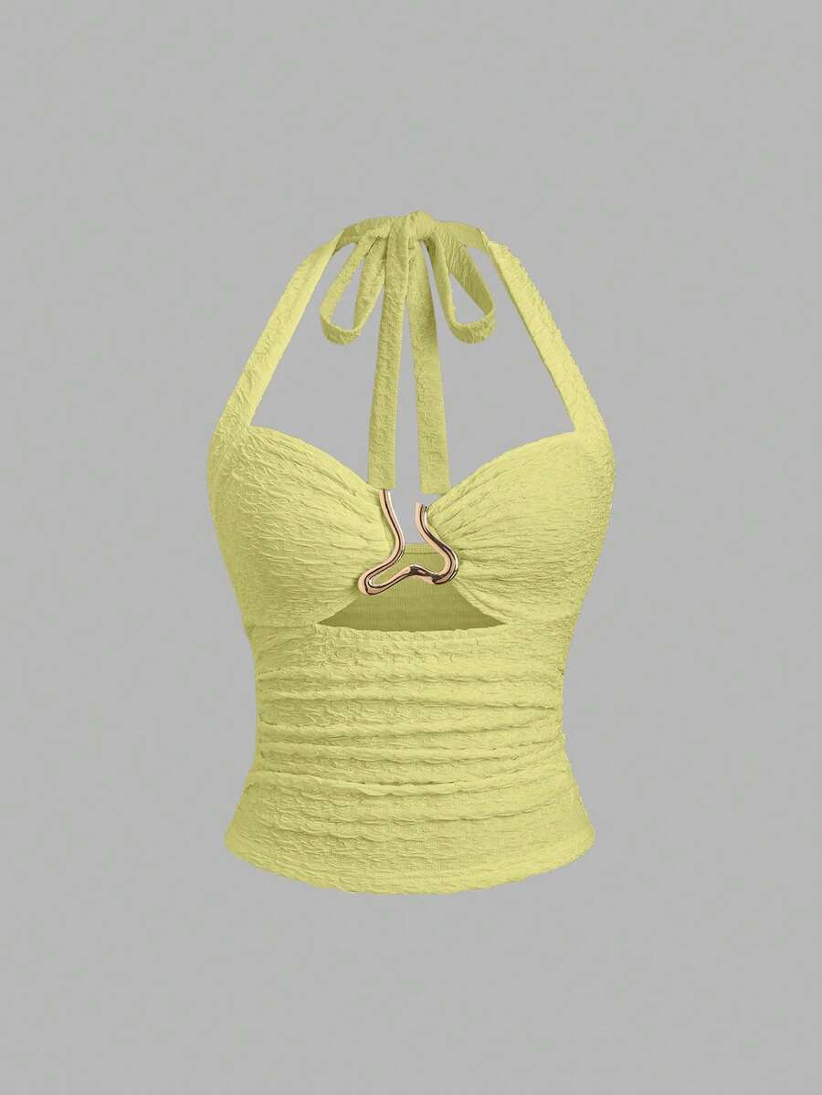 Sweetra 法式甜心露背系带提花纹理镂空金属装饰褶皱修身女式背心 - 綠色 - 查看 1