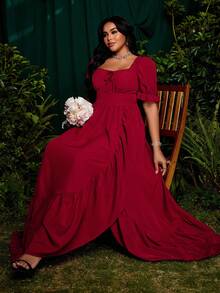 Roveilla Plus Size Square Neck Ruffle Trim Slit A-Line Dress, Burgundy, Elegant Vintage Style For Holiday, Party, Occasion - Burgundy - View 6