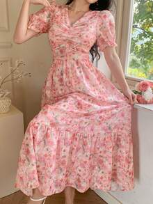 DAZY Women's Pink Bubble Dress With Rose Print, Elegant - Pink - View 6