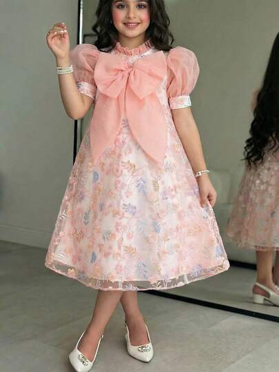 SHEIN Tween Girl Elegant Contrast Color Pink Bow Puff Sleeve Ruffle Collar A-Line Multi Color Lace Dress Peach Dresses For Girls Tween Girls Partywear Girl Tea Party Dress Party Wear Dress For Girls,Kids