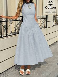 Siren Gaze 女士条纹无袖中长连衣裙 舒适夏季A字摆裙 时尚女士白蓝条纹无袖长裙 浅蓝色长裙 条纹长裙 夏季优雅连衣裙 休闲长裙 - 藍白色 - 查看 4