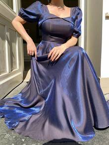 DAZY 女士优雅纯色泡泡袖中长连衣裙，夏季婚礼宾客礼服 - 紫色 - 查看 10