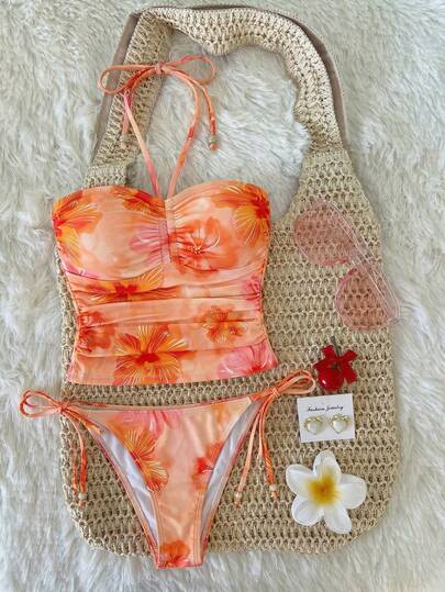 SHEIN MOD Ensemble de maillot de bain avec Top à fleurs froncé au cou et bas triangle à liens sur les côtés