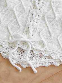 Soleia Top de camiseta de punto de unicolor y diseño calado de moda para mujer - Beis - Ver 2