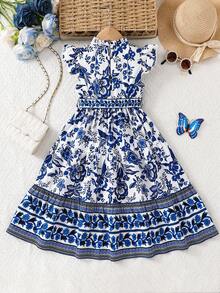 SHEIN Vestido largo de manga corta con estampado floral azul y blanco de estilo informal y vacacional para niña - Azul - Ver 3
