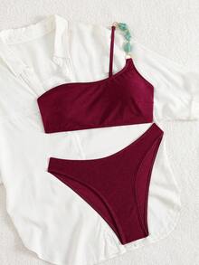 Swim Chiccia 女士夏季沙滩音乐节棕色亮面面料串珠单肩优雅比基尼套装 - 中紫紅色 - 查看 6