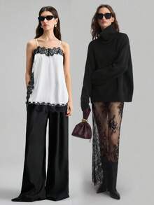 Ontre Women's Autumn And Winter/Four Seasons Black Lace All-Match Skirt, Fashionable And Sexy See-Through Lace Lace Super Long All-Match Skirt, Women's Autumn Clothing - Black - View 4