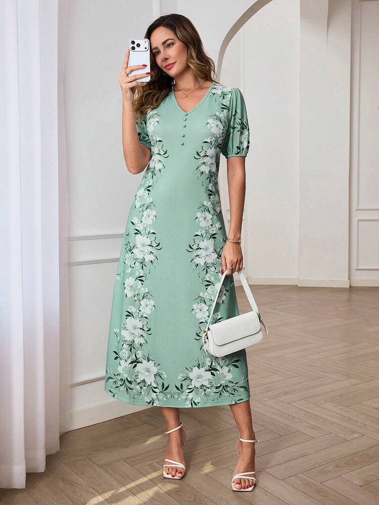 Elegant Mint Green Floral Print Midi Dress For Women Summer Spring Casual Party Dress With V-Neck And Puff Sleeve, Ideal For Wedding Guest Party Vacation Beach Going Out And Easter Occasions