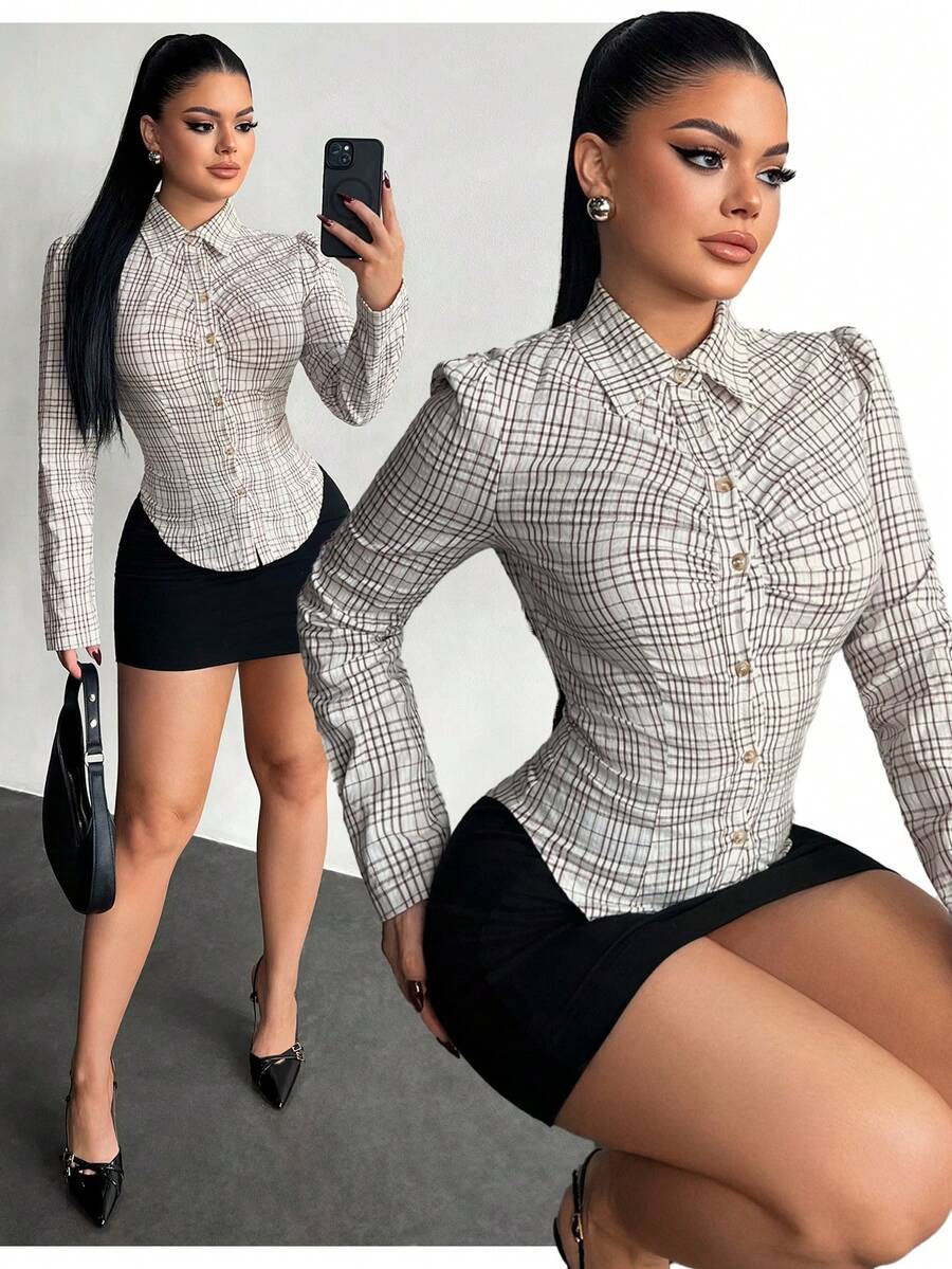 SHEIN SXY 商务休闲长袖格子修身衬衫，女士性感衬衫，透视衬衫，休闲款 - 彩色 - 查看 1
