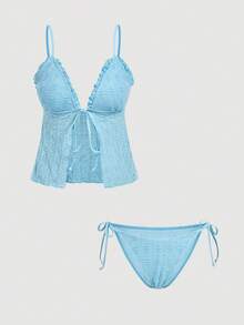 SHEIN MOD 女士纯色荷叶边吊带比基尼套装 - 藍色 - 查看 5
