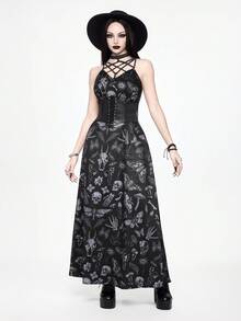 ROMWE Đầm đen không tay in hình đầu lâu Gothic, bướm đêm, bướm ngày, nấm, cây cối, ngôi sao năm cánh. - màu đen - Xem 3