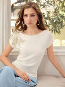 MOTF PREMIUM BEADED & FAUX PEARL DETAIL KNIT TOP - White - View 7