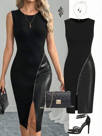 Ellevyn Elegant Women's Black Sleeveless Patchwork PU Leather In Winter Zip Up Split Thigh Bodycon Dress,Summer Dresses For Women