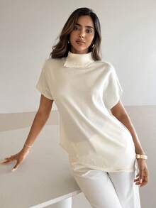 Aloruh Áo thun nữ tay ngắn cổ cao, màu trơn, vạt lệch, kiểu dáng thường ngày, đa năng, chất liệu dệt kim, thích hợp mặc hàng ngày, thanh lịch, công sở, mùa xuân hè, màu mơ. - trắng - Xem 6