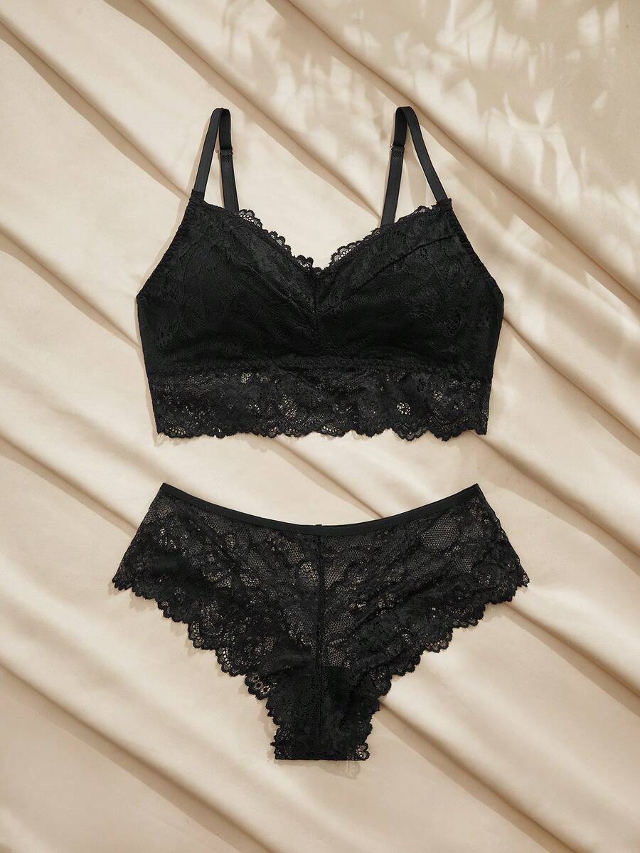 Charlaine Black Lace Wireless Bra Set, Thin & Seamless, Adjustable Straps, Sexy Back Design - Black - View 1