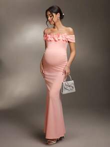 Cheriluna Maternity Maternity Photoshoot Dress With Waist Ruching And Off-Shoulder Design, Gray - Pink - View 7