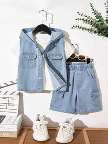 SHEIN Streecool Kids Bộ đồ denim cho bé trai, màu xanh lam cổ điển, áo ba lỗ có mũ phối cùng quần short denim ống rộng kiểu cargo, phong cách đường phố thường ngày. - Rửa trung bình - Xem 5