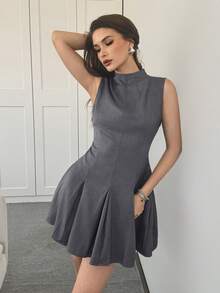 Modelyn 女士纯色褶皱领休闲约会派对迷你连衣裙 - 灰色 - 查看 3