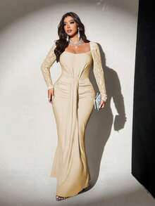 Viva Relle 大码女士纯色方领灯笼袖连衣裙，浪漫百搭，适合婚礼宾客、毕业典礼、舞会、节日、生日、教堂礼拜、夜间外出、派对等场合。 - 杏色 - 查看 4