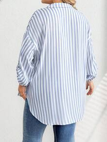 SHEIN CURVE+ Plus Size Women Striped Roll-Up Sleeve Single-Breasted Casual Loose Shirt/2026 /New Year Plus Size Shirts And Blouses - Blue - View 2