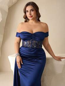 Coutiva 大码亮片装饰露肩正式晚礼服 - 藏蓝色 - 查看 5