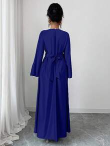 Rafferiza Bata de mujer de manga larga con cuello en V y volantes en el bajo, bata turca, bata árabe - Azul - Ver 2