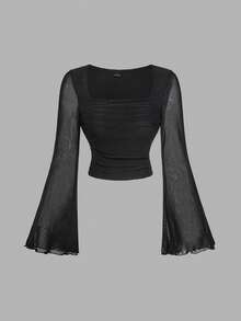SHEIN MOD 2pcs/Set Women Square Neck Flare Sleeve Mesh Fashion T-Shirt, 2-Pieces Set, Black & White Top, Valentines, Spring/Summer , Festival, Country, Prom Top, Cute Top, Casuals, Elegant Women's Top - Black and White - View 5