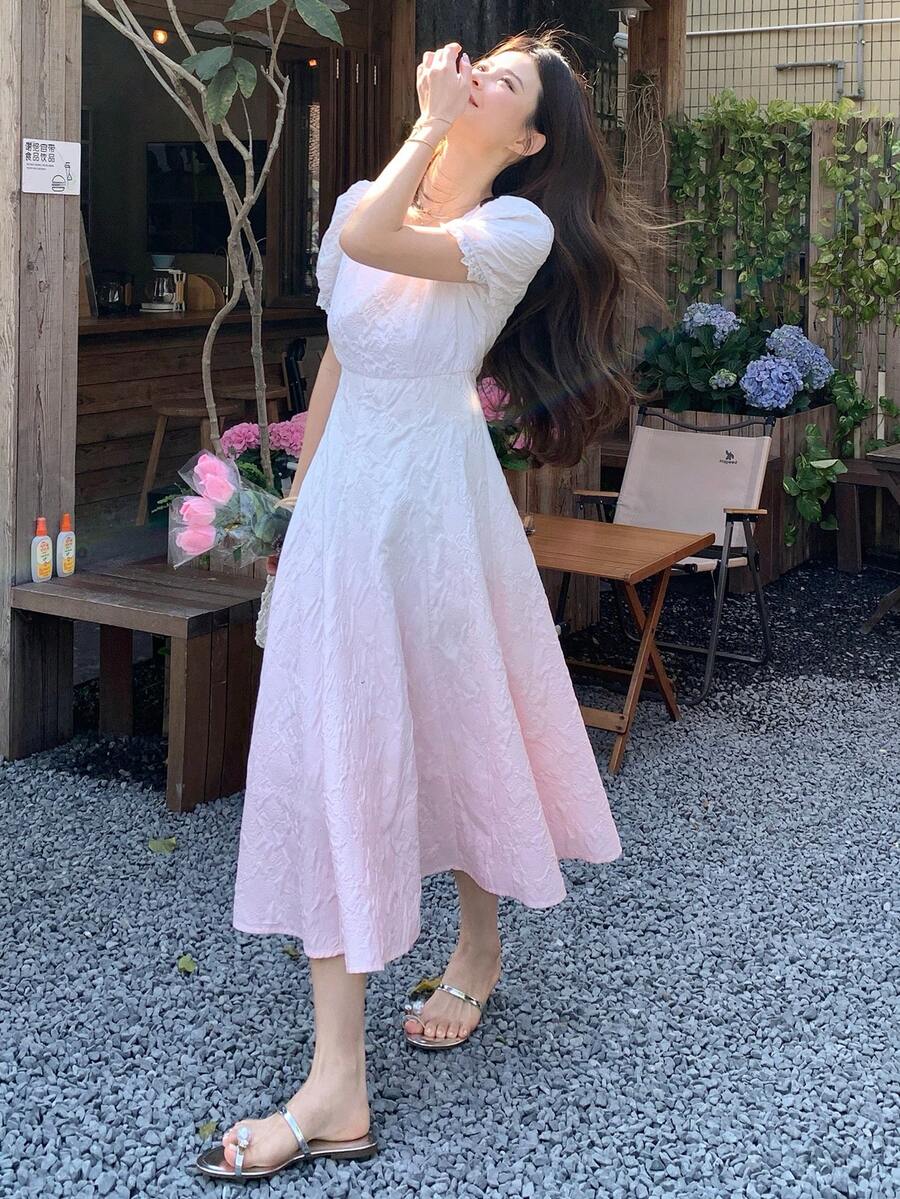 DAZY Women's Square Neck Ombre Korean Style Textured Mid-Length Dress - Pink - View 1