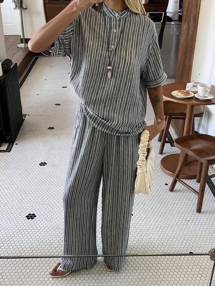 Women's Striped Button Half-Placket Drop Shoulder Blouse And Pants Casual 2 Pieces Set