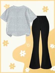 女童休闲简约黑色蝴蝶印花灰色短袖圆领T恤搭配黑色喇叭裤套装，适合夏季穿着，可爱卡通图案，日常舒适两件套，春、夏、秋、冬皆宜。 - 白色 - 查看 2