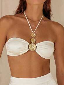 Swim Chiccia Solid Color Strapless Backless Halter Swimwear Top With Metal Decor, Suitable For Beach & Holiday Bikini With Charm White Bandeau Top Strapless Top - Beige - View 3