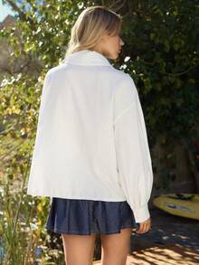 2026 Camisa de manga larga con botones, cuello de marinero y lazo delantero, tejida a rayas de seersucker - Blanco - Ver 2