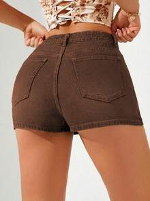 Breezaya Quần short denim nữ màu trơn, cạp lệch. - Cà phê nâu - Xem 2