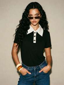 Franclia Áo thun nữ tay ngắn cổ polo phối màu tương phản, kiểu dáng thường ngày, đa năng. - trắng - Xem 6