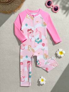 女婴可爱鲸鱼印花长袖连体泳衣，紫色，适合夏季和度假 - 粉色 - 查看 3