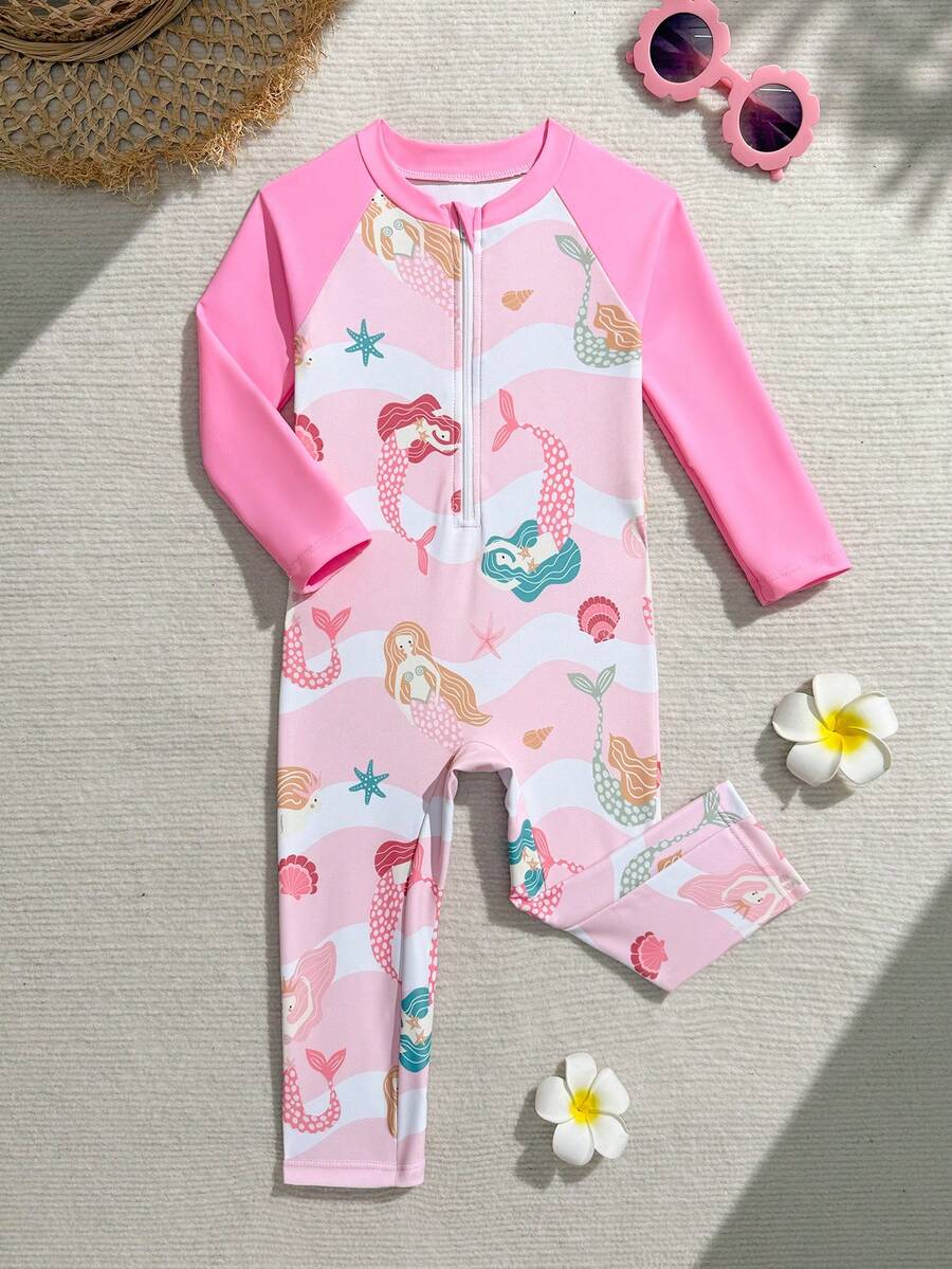 Baby Girls Cute Whale Print Long Sleeve One-Piece Swimsuit,Purple,Holiday Rash Guard Mermaid Swimwear Full Coverage Sun Protection Bathing Suit