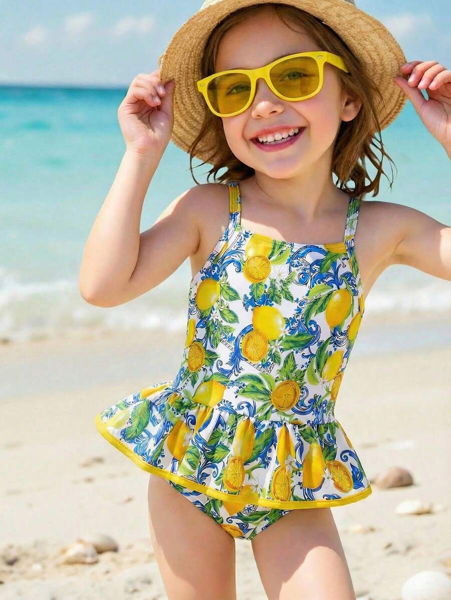 SHEIN 1pc Young Girl Cute Lemon Print One-Piece Swimwear, Fashionable Casual Elegant Lady Suitable For Swimming, Vacation, Summer - Yellow - View 1