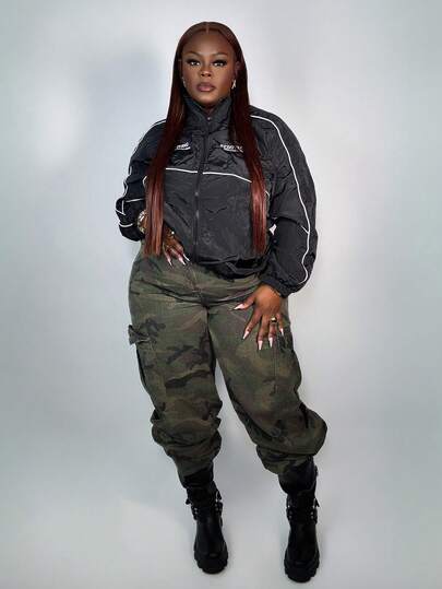 Truni 大码休闲撞色字母印花夹克